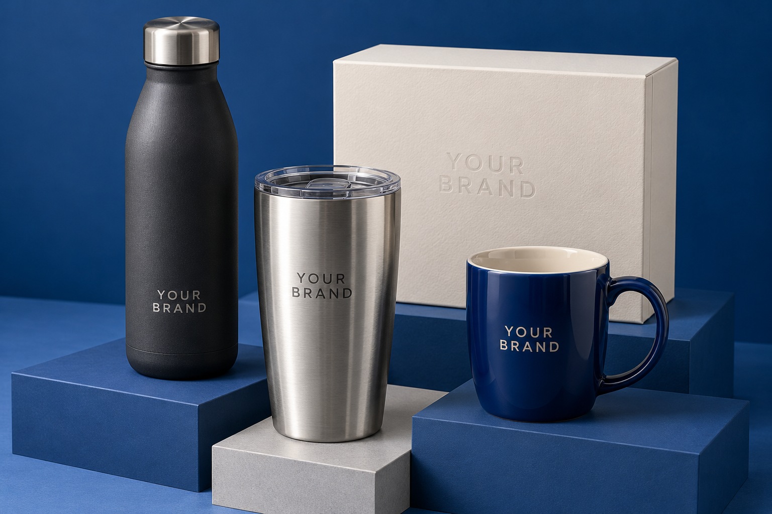 Premium drinkware displaying YOUR BRAND custom branding