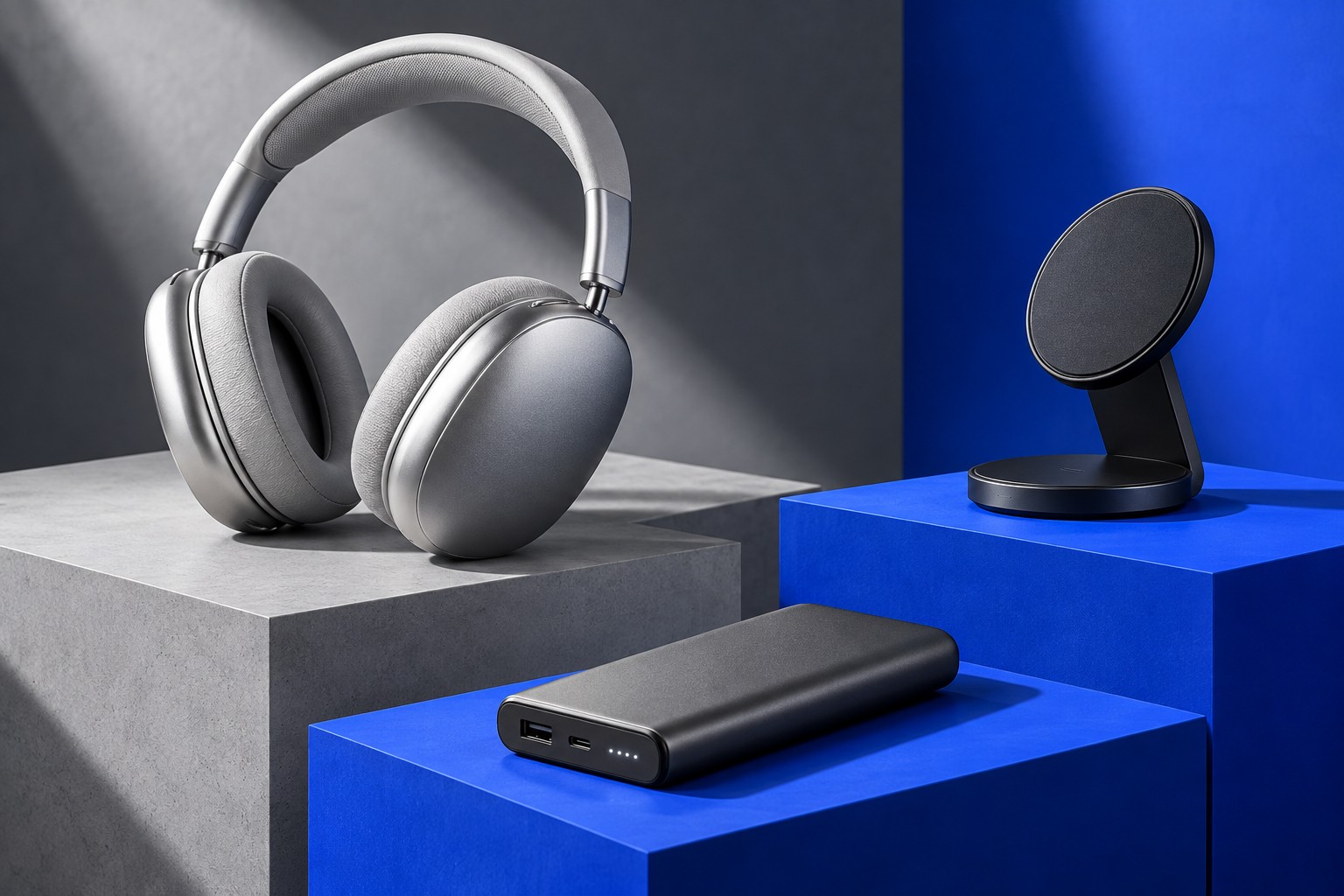 Premium headphones, charging stand and power bank on blue studio plinths